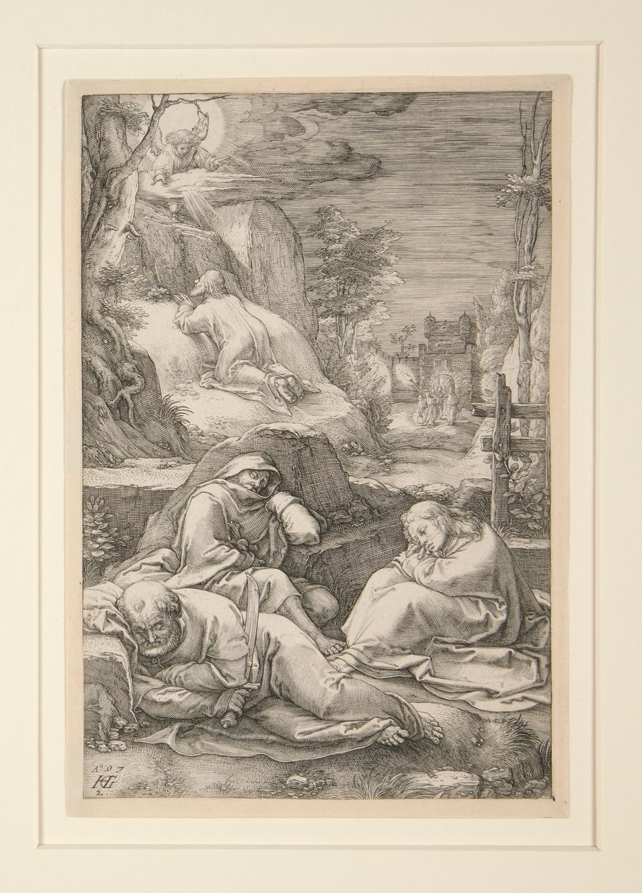 Cristo en el Monte de los Olivos (La Agonía en el Huerto), de La Pasión, #2 en una serie de 12 grabados de Hendrick Goltzius
