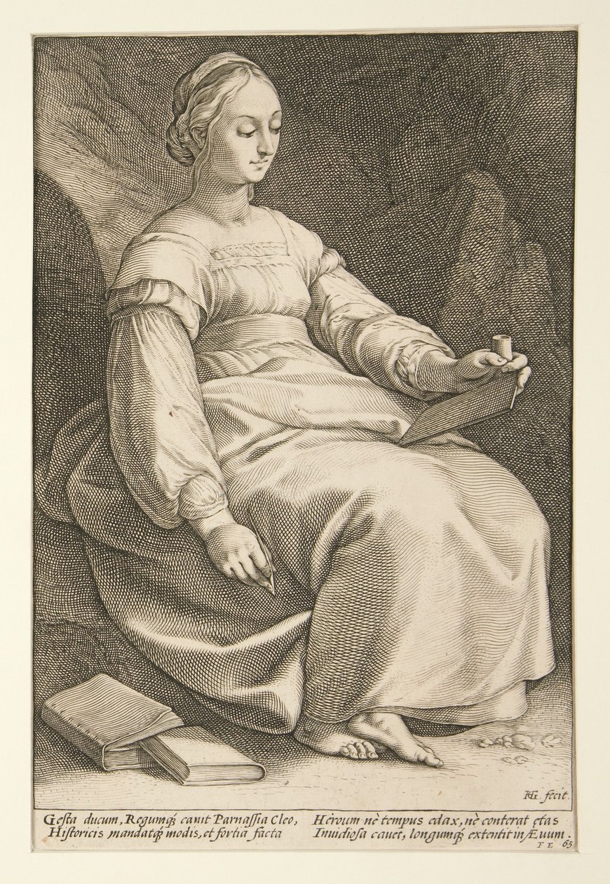 Clio, lámina 4 de la serie «Las nueve musas» de Hendrick Goltzius