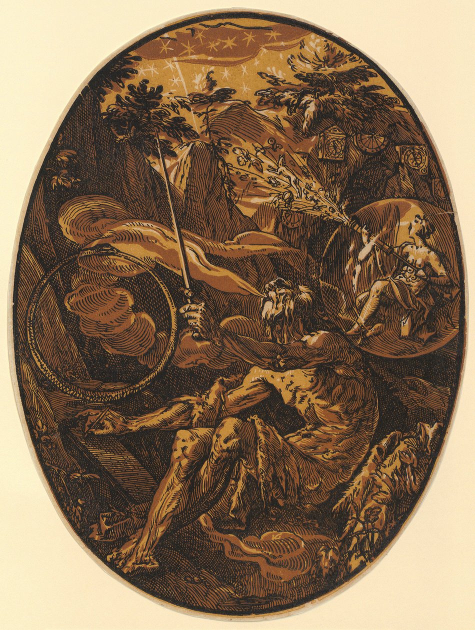 Demogorgón en la cueva de la eternidad, lámina 1 de la serie «Demogorgón y los seres divinos» de Hendrick Goltzius