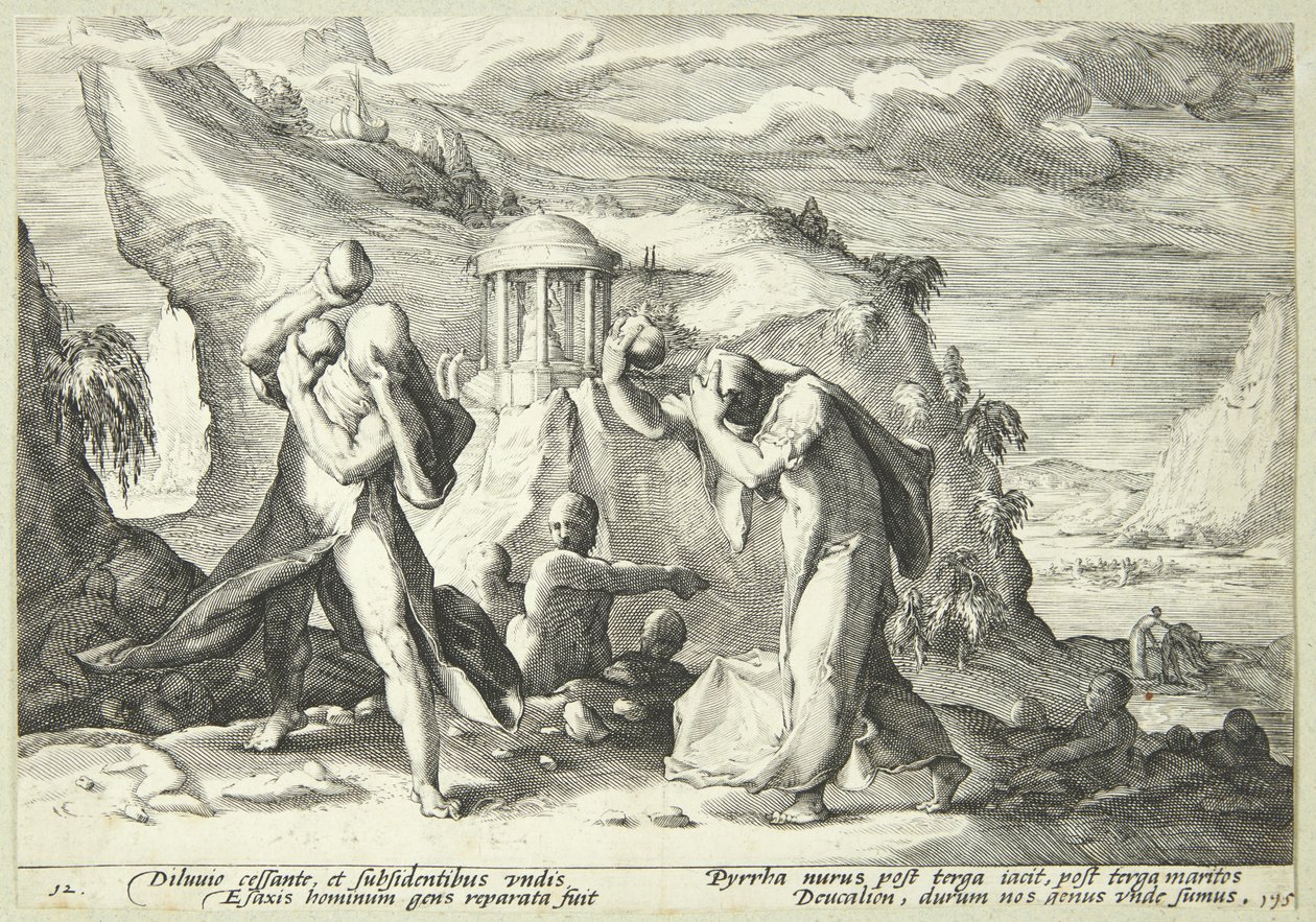 Deucalión y Pirra repoblando el mundo de Hendrick Goltzius