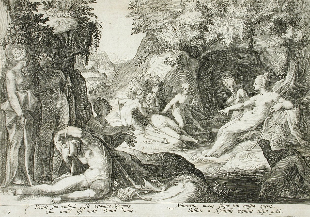 Diana y sus ninfas descubren el embarazo de Calisto de Hendrick Goltzius
