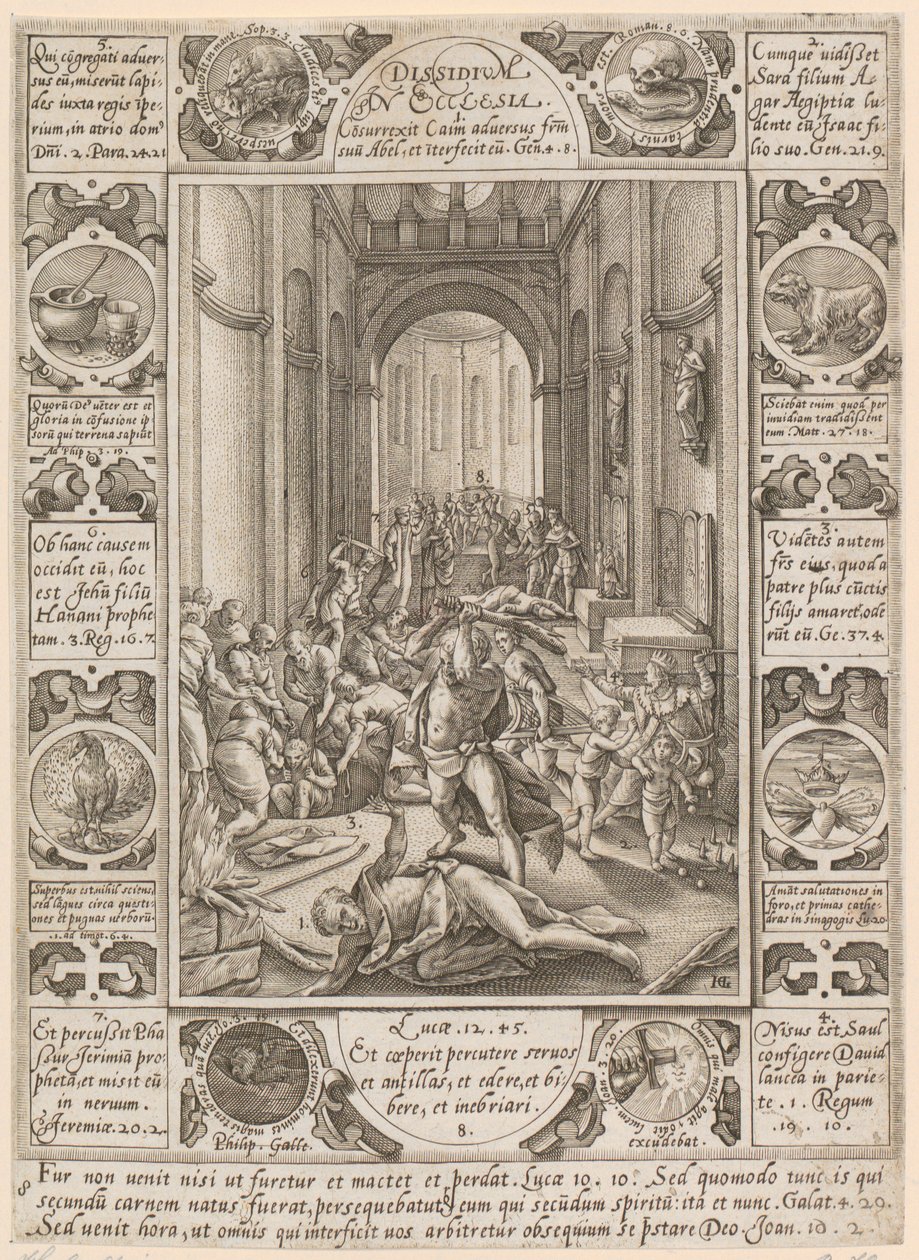 «Dissidium in Ecclesia», lámina 8 de la serie «Alegorías de la fe cristiana» de Hendrick Goltzius