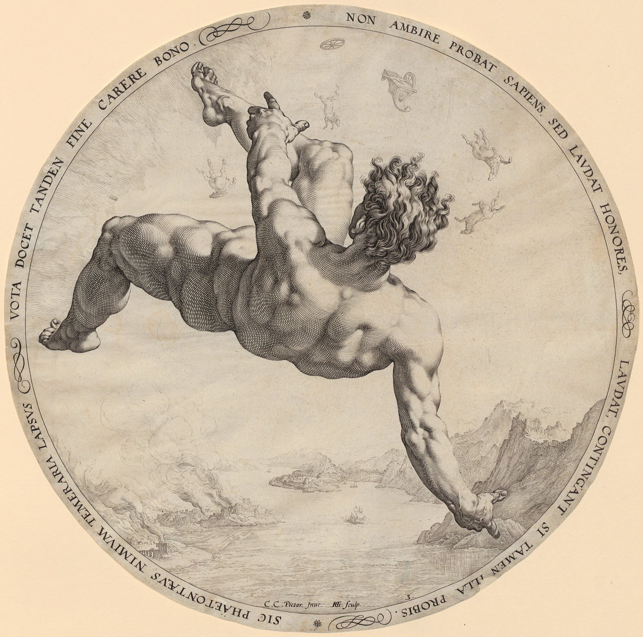 La caída de Faetón, página 3 de la serie «Los cuatro conquistadores del cielo» de Hendrick Goltzius
