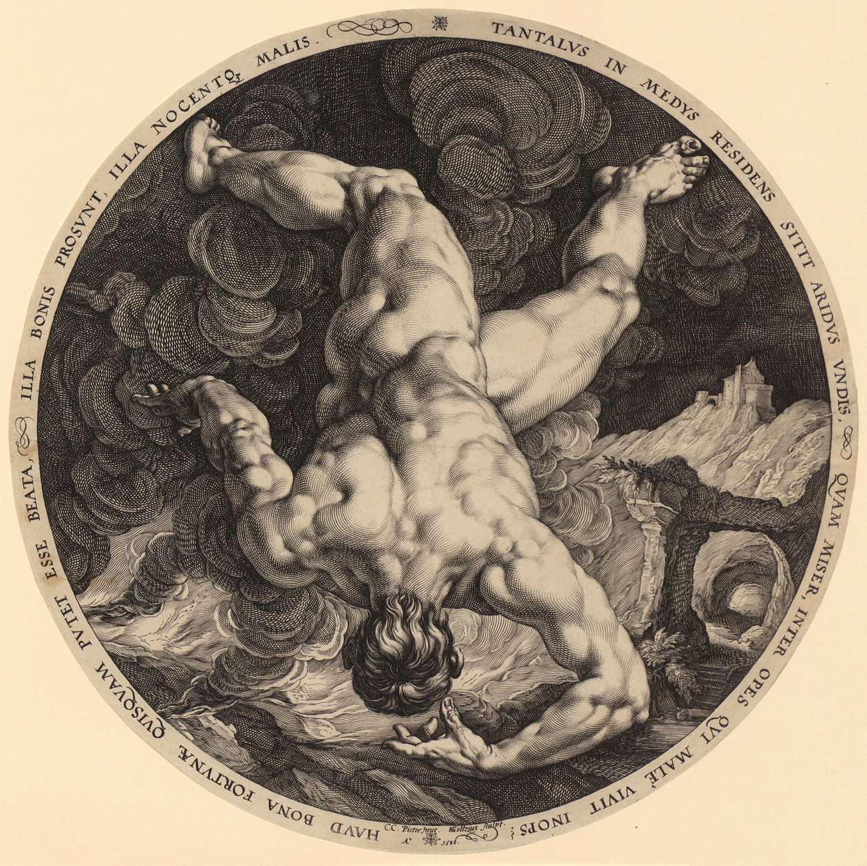 Caída de Tántalo, lámina 1 de la serie «Los cuatro asaltantes del cielo» de Hendrick Goltzius