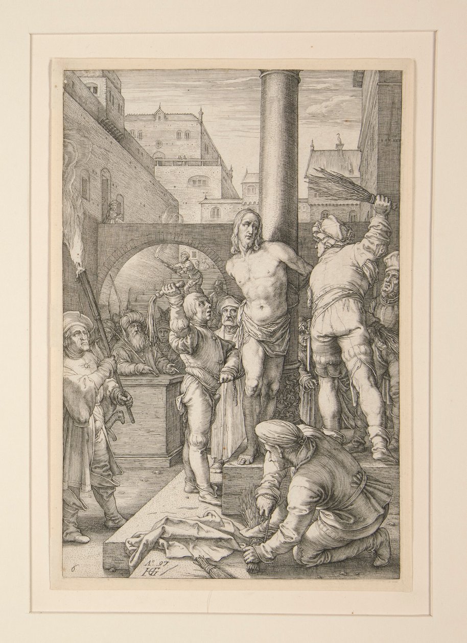 Flagelación de Cristo, de La Pasión, #6 en una serie de 12 grabados de Hendrick Goltzius