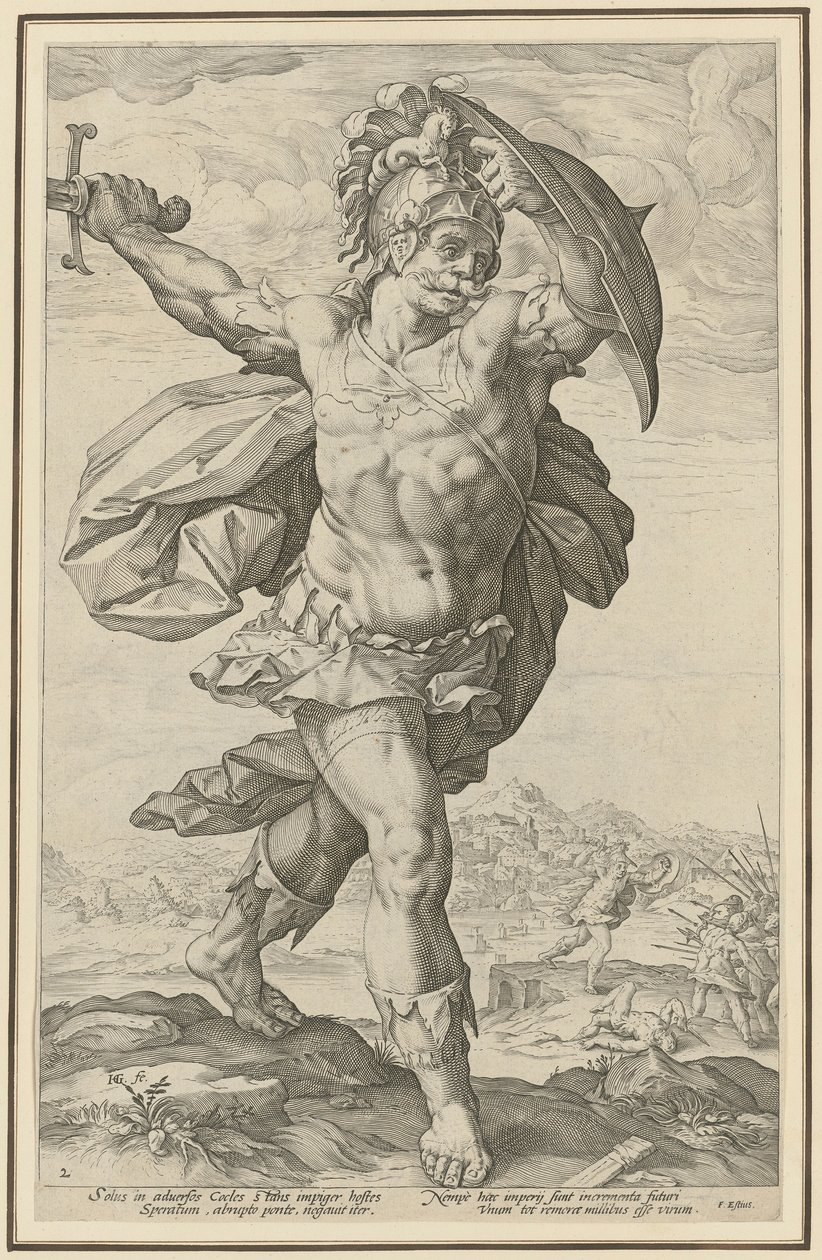 Horacio Cocles, lámina 2 de la serie «Héroes romanos» de Hendrick Goltzius