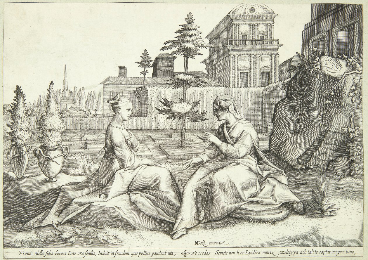 Juno disfrazada como Beroë advierte a Semele de Hendrick Goltzius