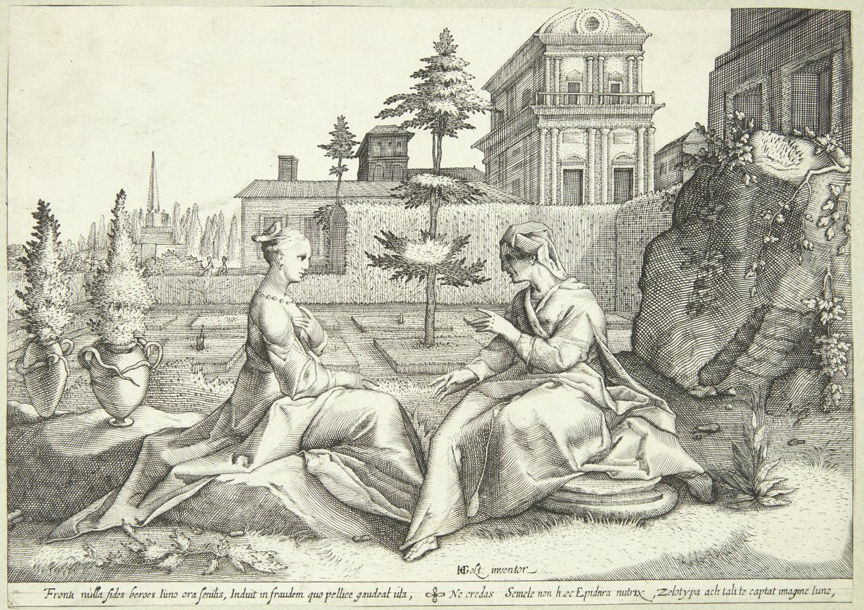 Juno disfrazada como Beroë advierte a Semele de Hendrick Goltzius