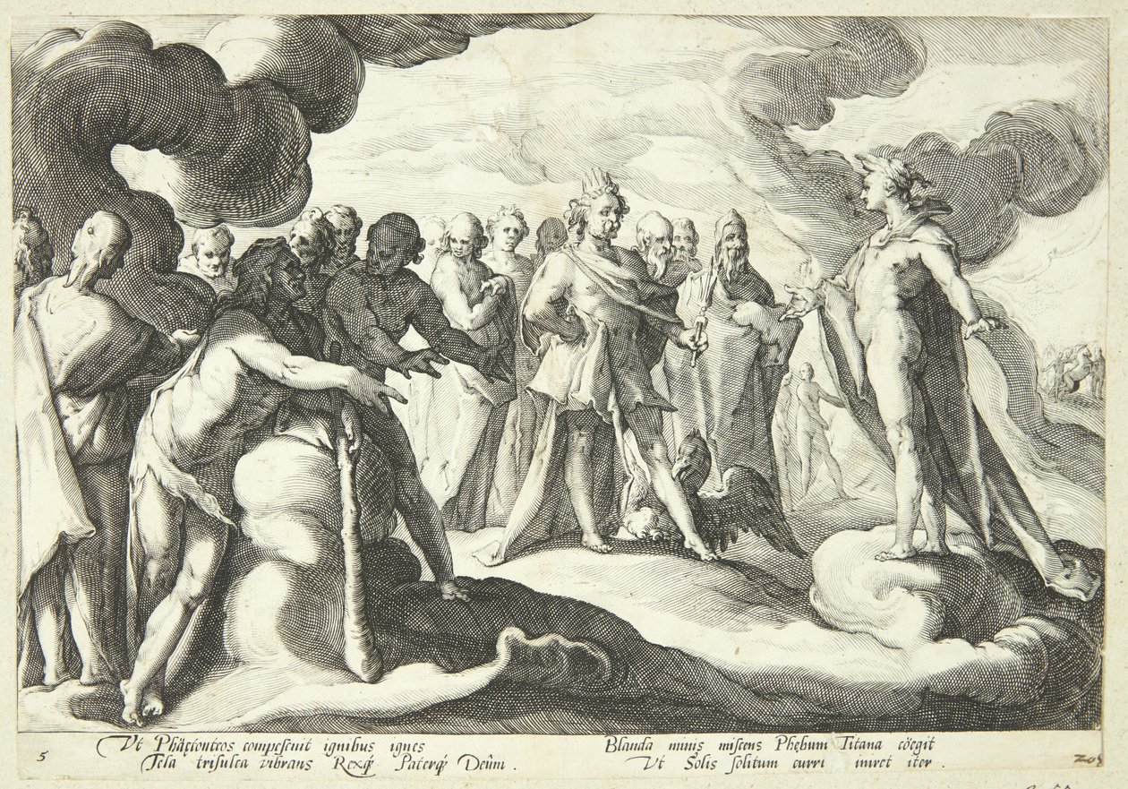 Júpiter y los dioses piden a Helios que retome el control del carro solar de Hendrick Goltzius