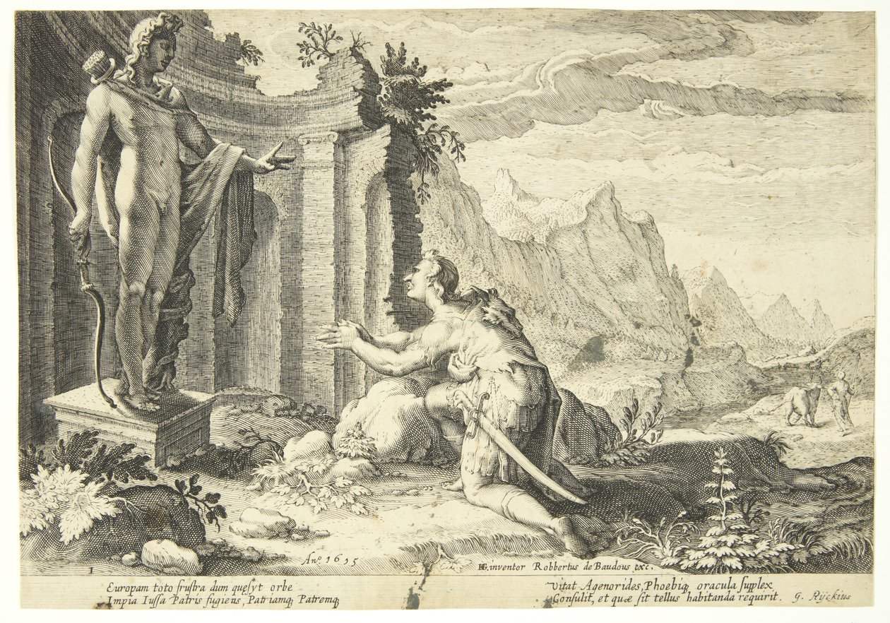 Cadmo pregunta al oráculo en Delfos dónde puede encontrar a su hermana Europa de Hendrick Goltzius
