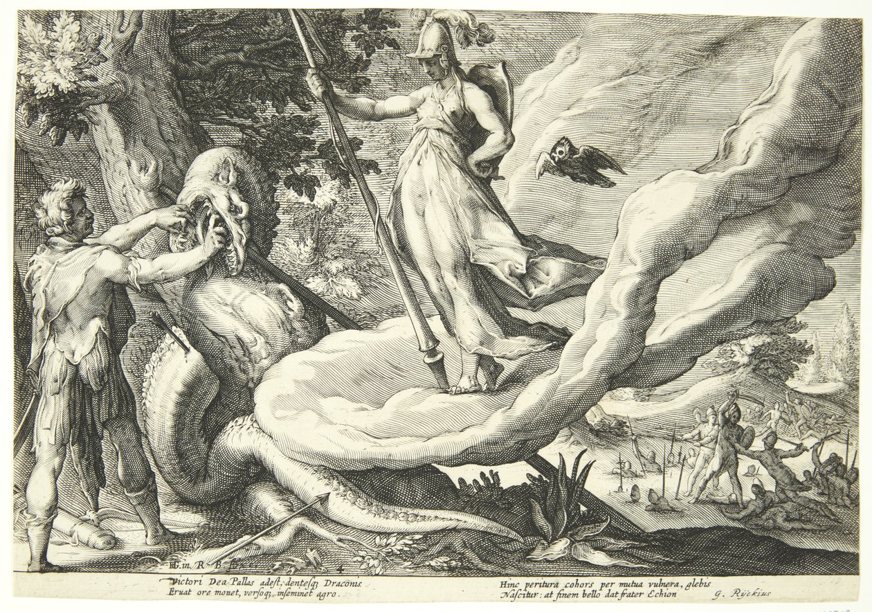 Cadmo sembrando los dientes del dragón de Hendrick Goltzius