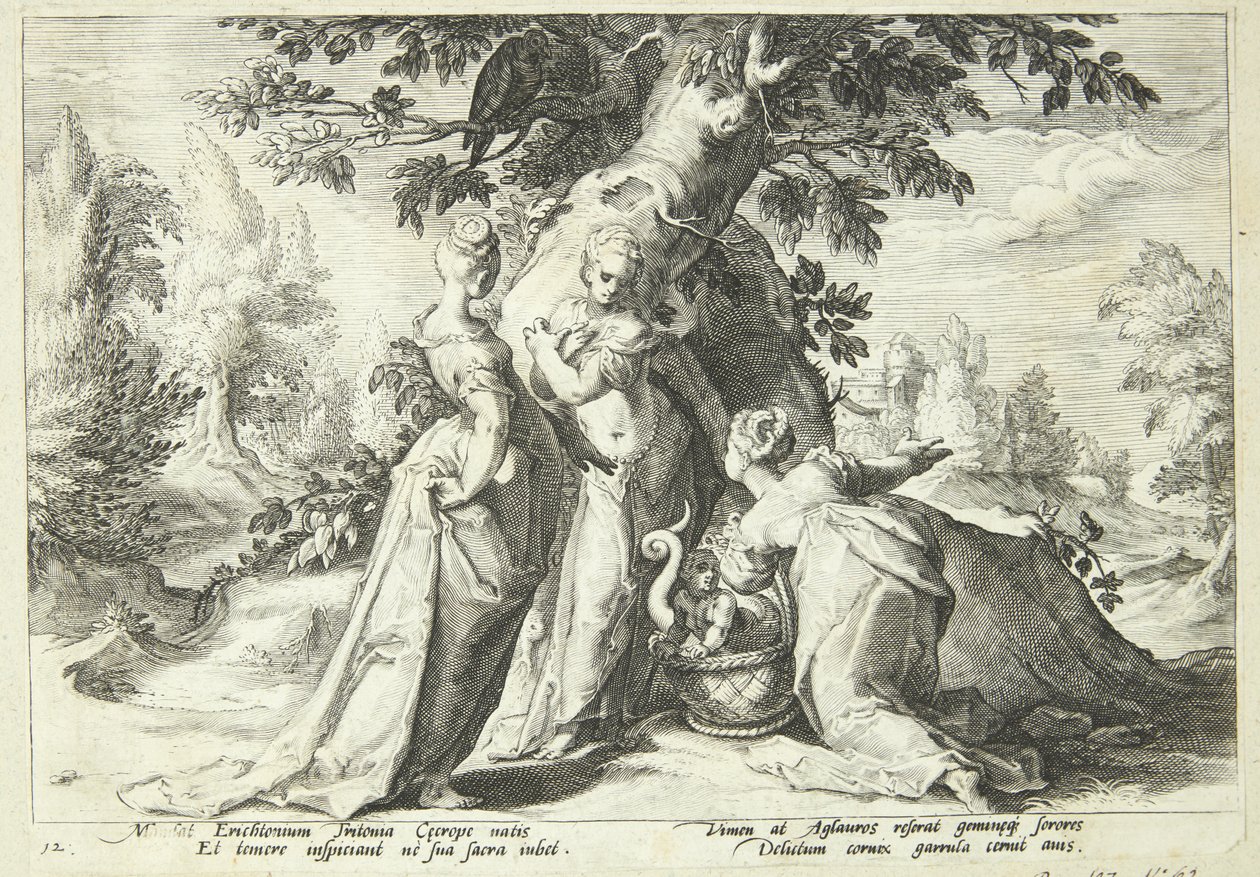 Las hijas de Cécrope abren la cesta confiada a ellas por Minerva de Hendrick Goltzius