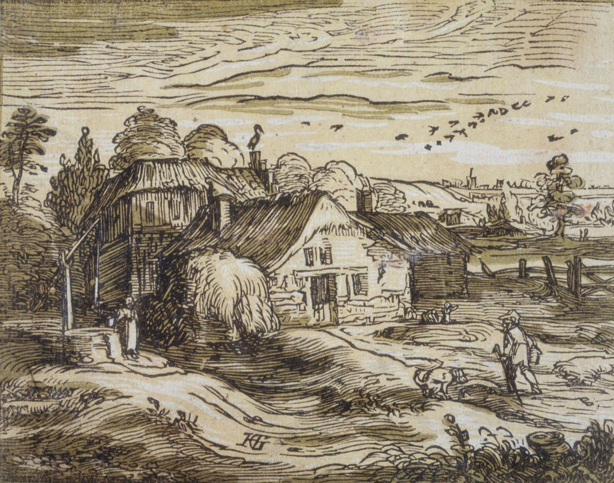 Paisaje con vivienda campesina de Hendrick Goltzius
