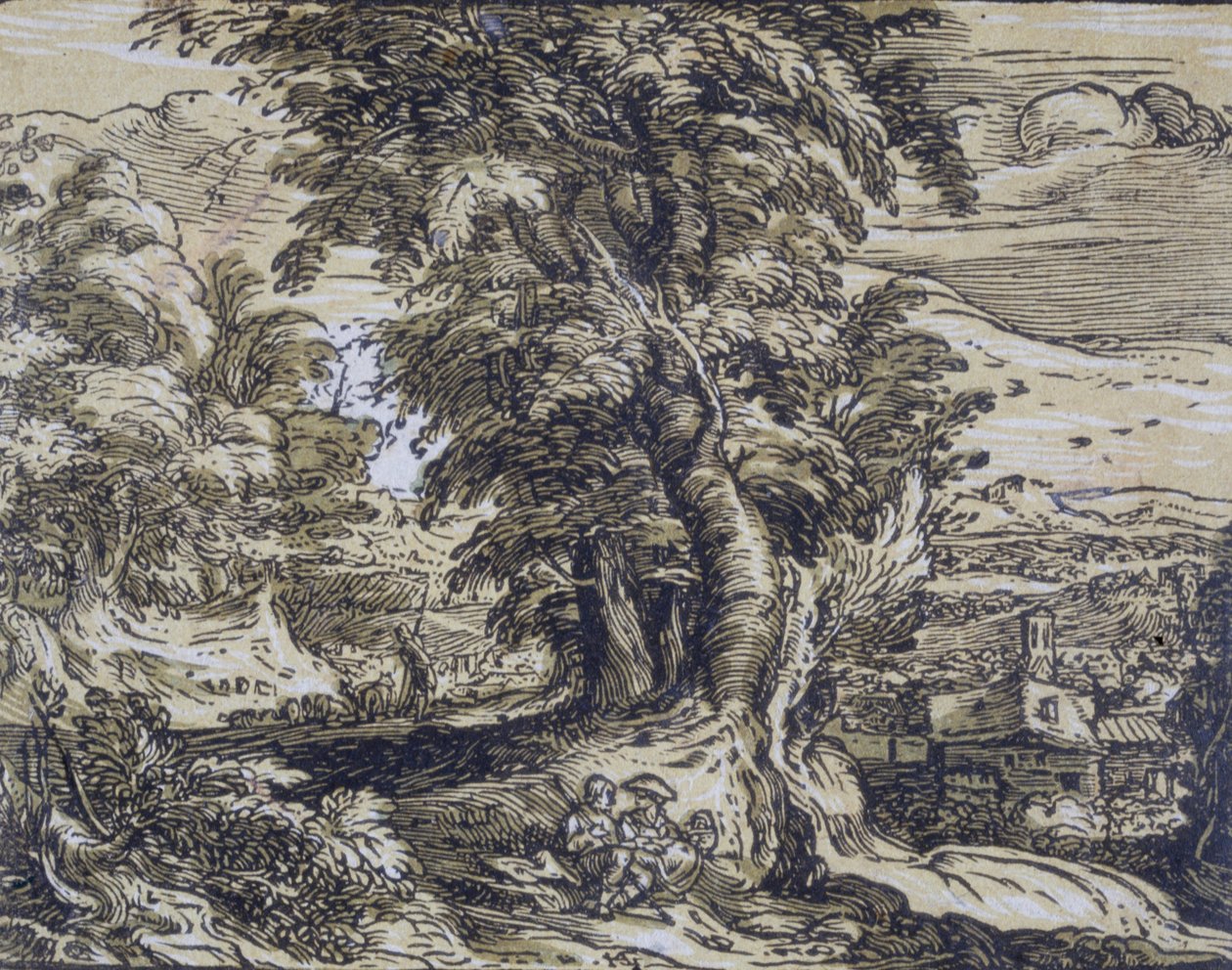 Paisaje con árboles y una pareja de pastores de Hendrick Goltzius