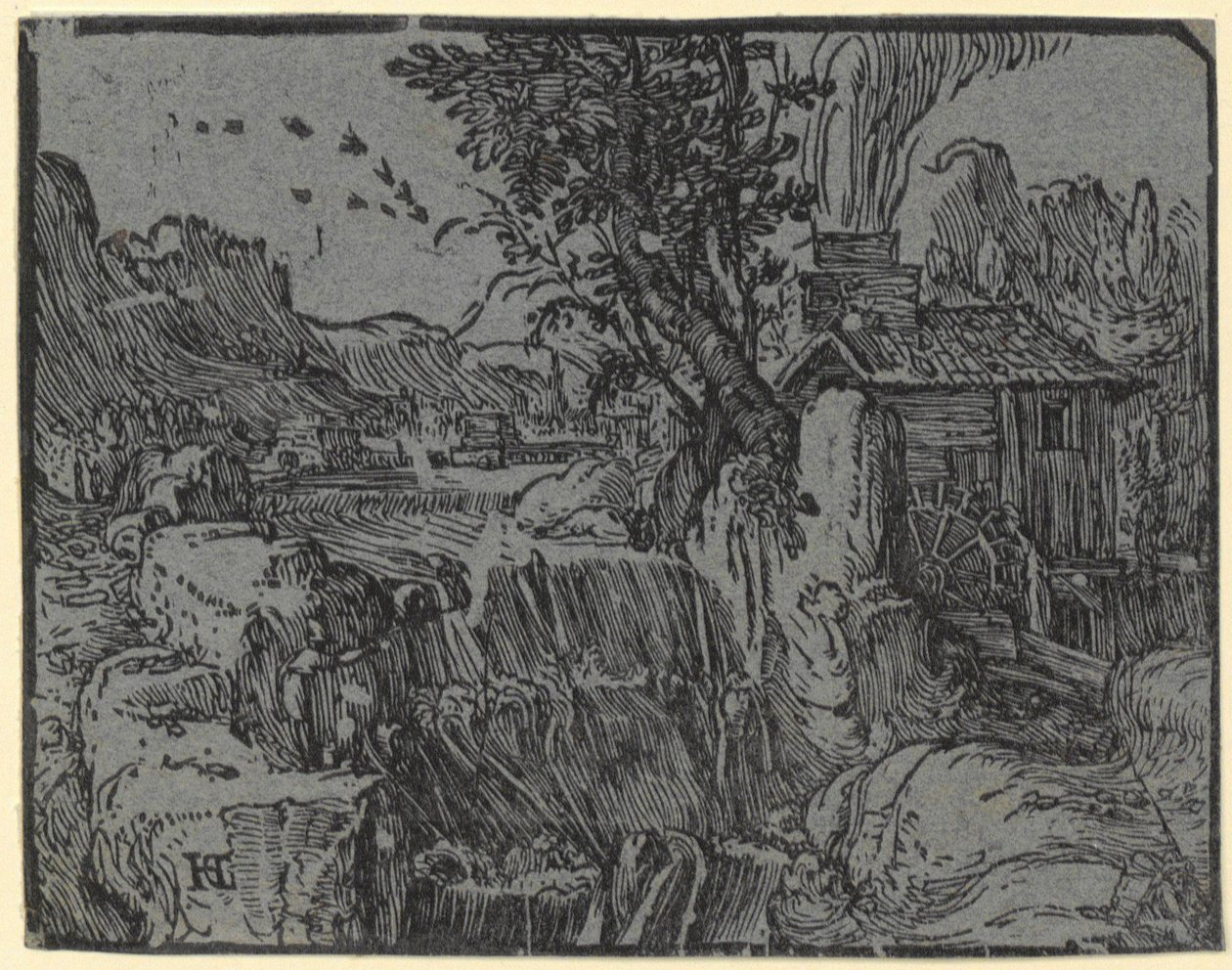 Paisaje con cascada y molino, lámina 1 de la serie «Cuatro pequeños paisajes» de Hendrick Goltzius