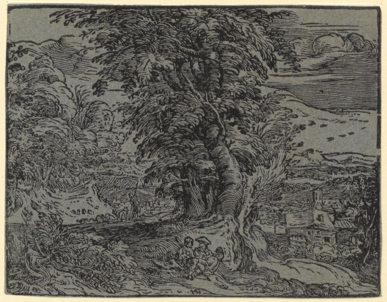 Paisaje con una pareja sentada y un pastor, lámina 2 de la serie "Cuatro paisajes pequeños" de Hendrick Goltzius
