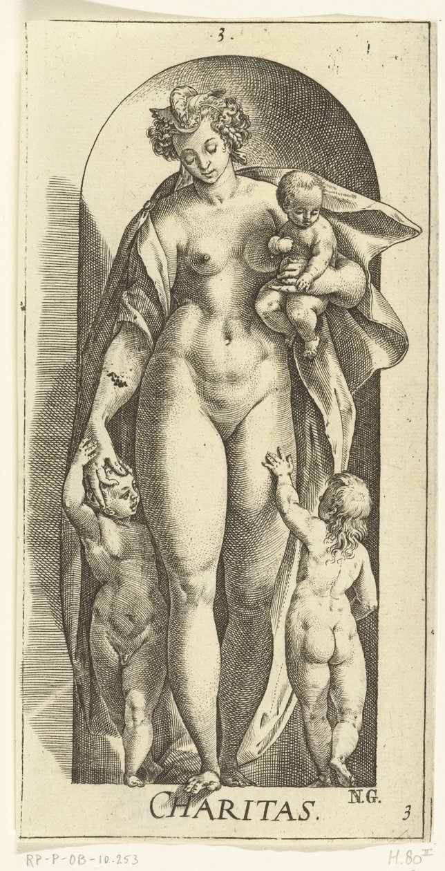 Amor Caridad (título sobre el objeto) Las siete virtudes (título de la serie) de Hendrick Goltzius