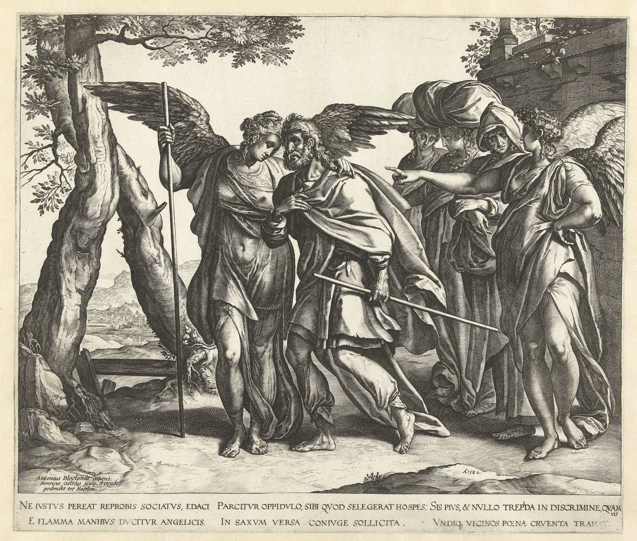 Lot huye de Sodoma con su esposa e hijas de Hendrick Goltzius