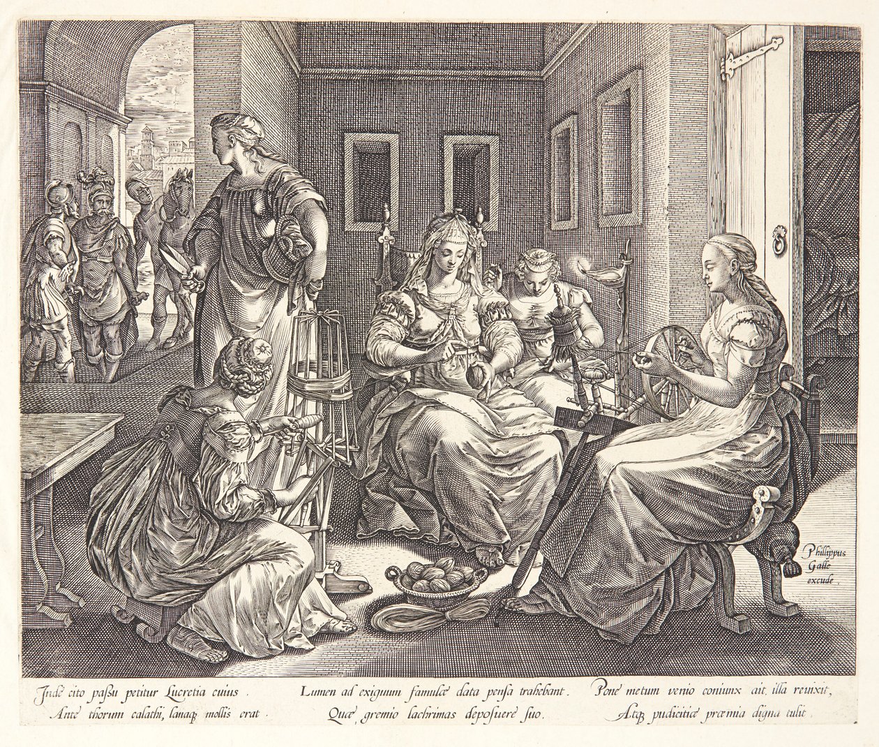 Lucrecia hila con sus damas de compañía de Hendrick Goltzius