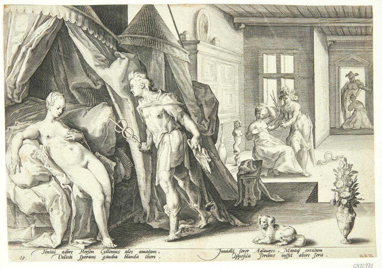 Mercurio entra en la habitación de Herse después de convertir a Agraulos en piedra de Hendrick Goltzius