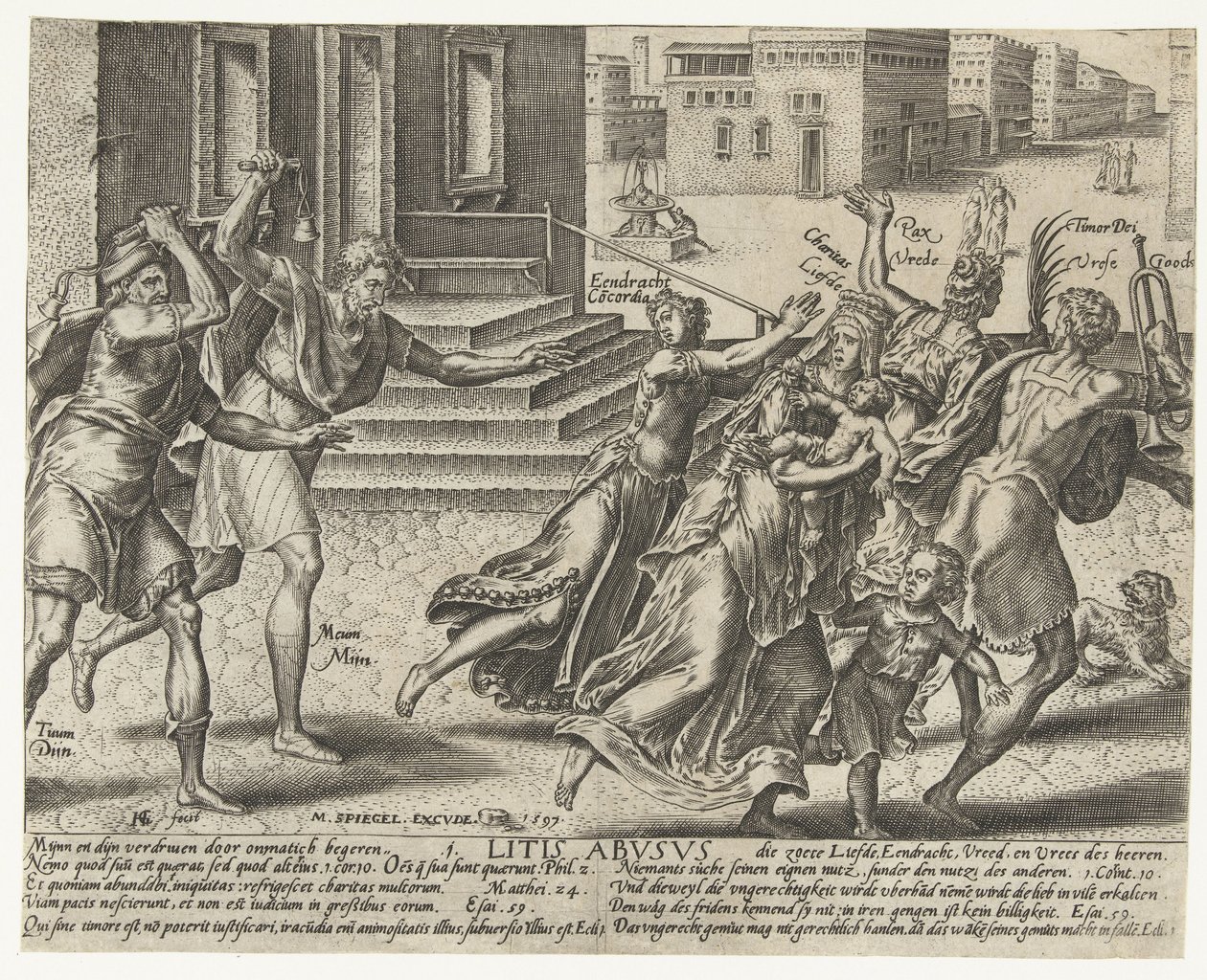 Los míos y los tuyos ahuyentan la Unidad, el Amor, la Paz y el Temor de Dios Litis abusus (título sobre objeto) Abuso de litigios (título de la serie) de Hendrick Goltzius