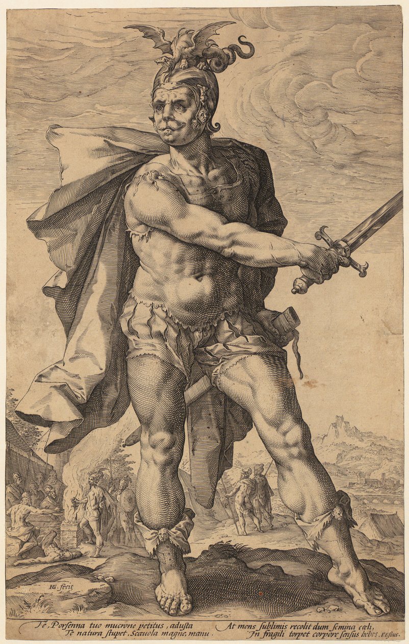 Mucio Escévola, lámina 3 de la serie «Héroes romanos» de Hendrick Goltzius