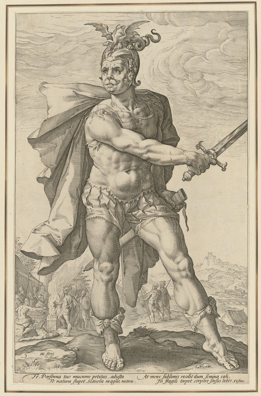 Mucio Escévola, lámina 3 de la serie «Héroes romanos» de Hendrick Goltzius