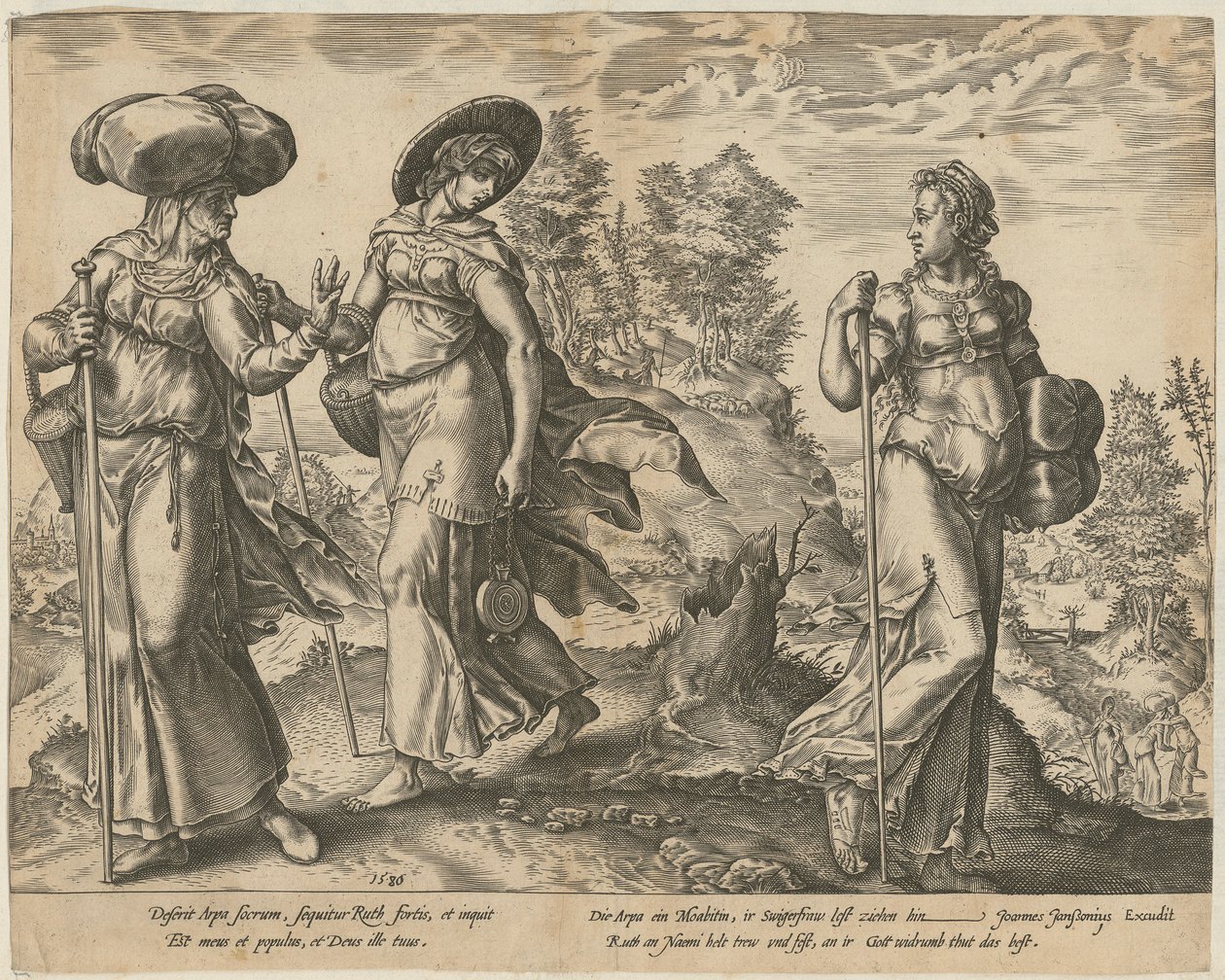 Orfa se despide de Rut y Noemí [página 1] y Rut ante Booz en el campo [página 2], páginas 1 y 2 de la serie «La historia de Rut» de Hendrick Goltzius