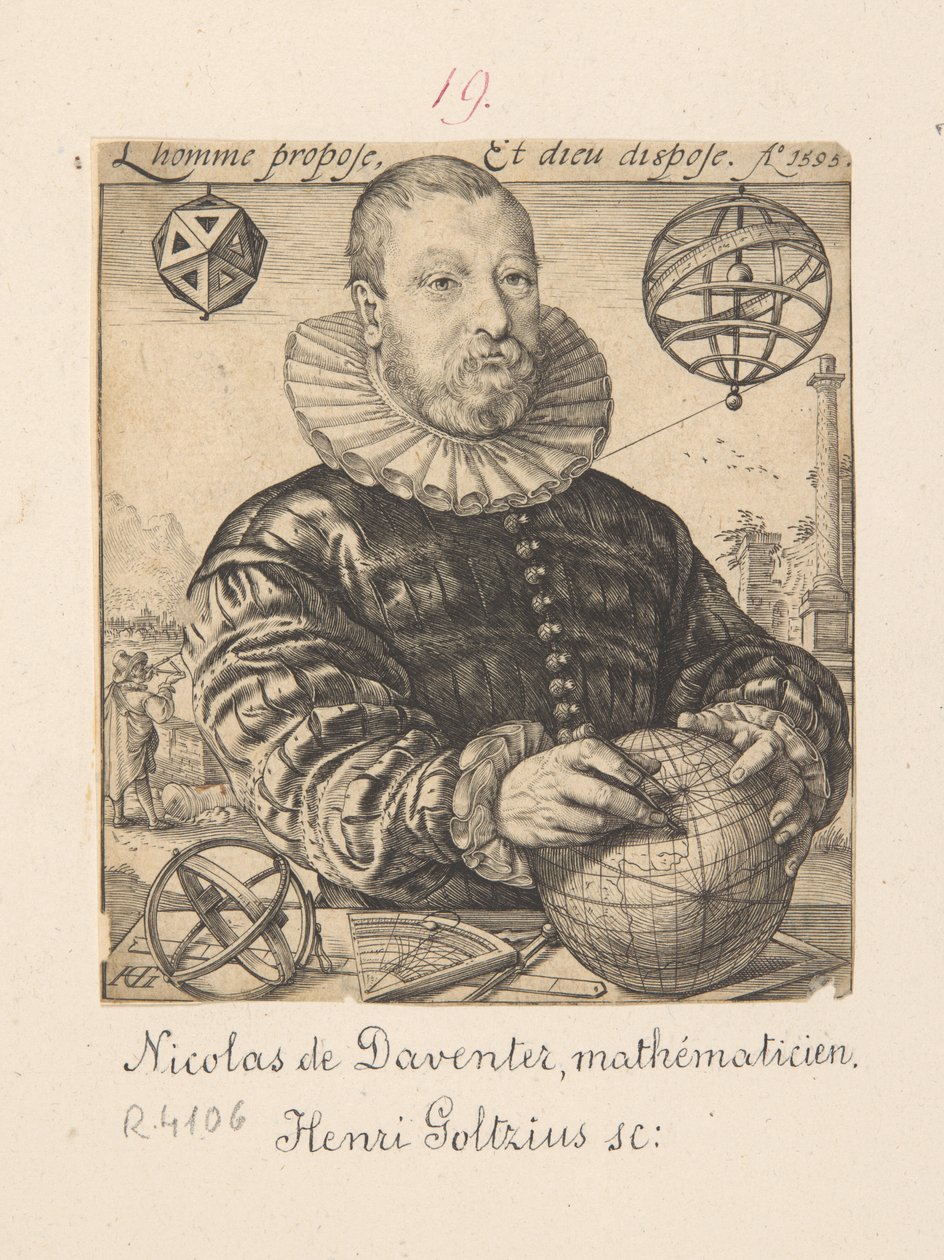 Retrato de Nicolaus Petri Daventriensis, en realidad Claes Pietersz van Deventer, hacia 1540-1602 - matemático y astrónomo de Hendrick Goltzius