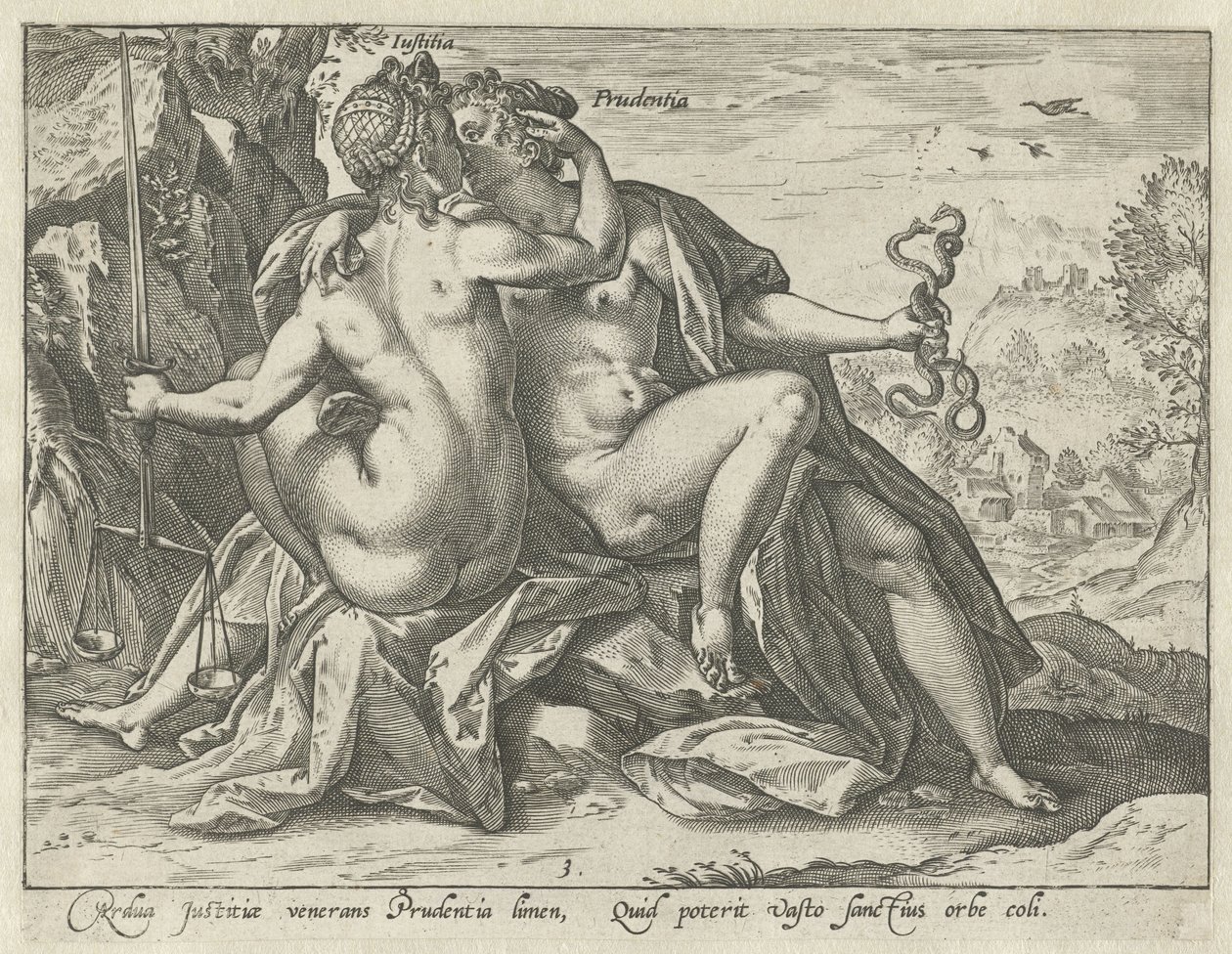 Justicia y Prudencia (Justitia / Prudentia) Las virtudes unidas (título de la serie) de Hendrick Goltzius