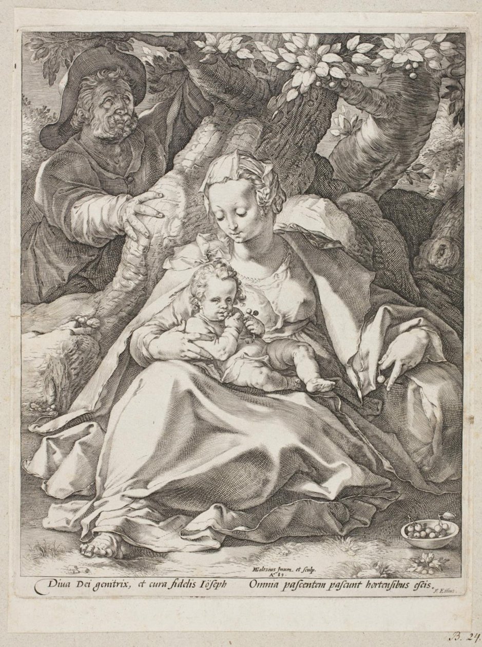 Descanso en la huida a Egipto bajo un cerezo de Hendrick Goltzius