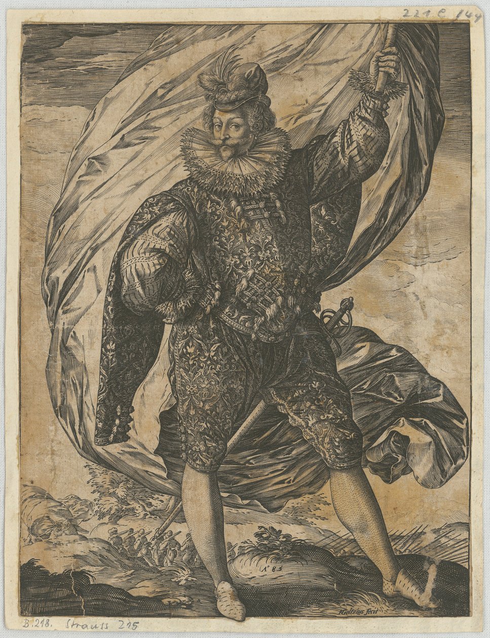 Portador de bandera de pie, con la cabeza girada hacia la izquierda de Hendrick Goltzius