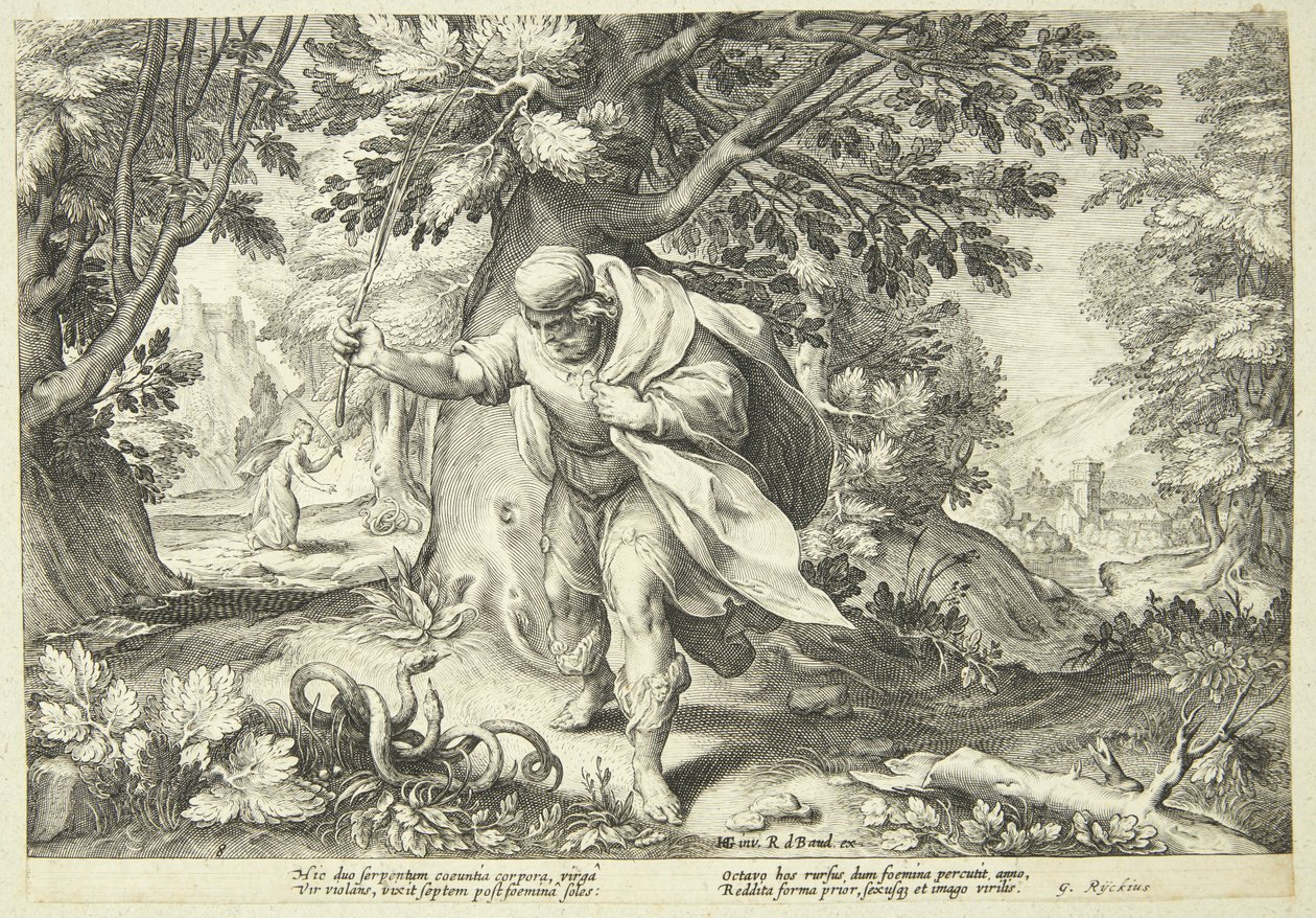 Tiresias golpea dos serpientes apareándose con su bastón de Hendrick Goltzius