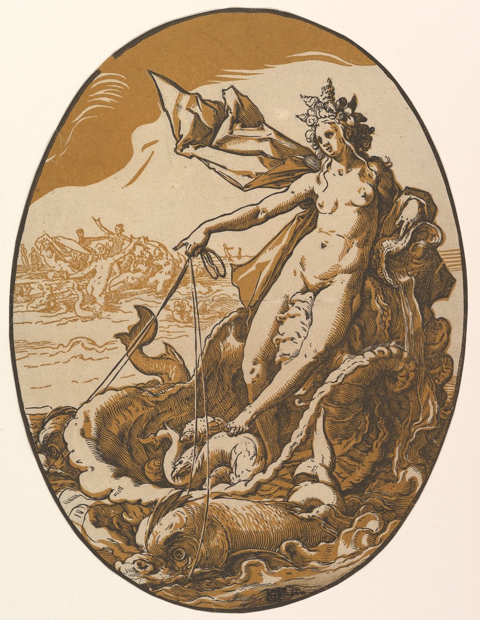 Tetis reclinada en un gigantesco carro de concha tirado por dos criaturas marinas, de «Las deidades» de Hendrick Goltzius
