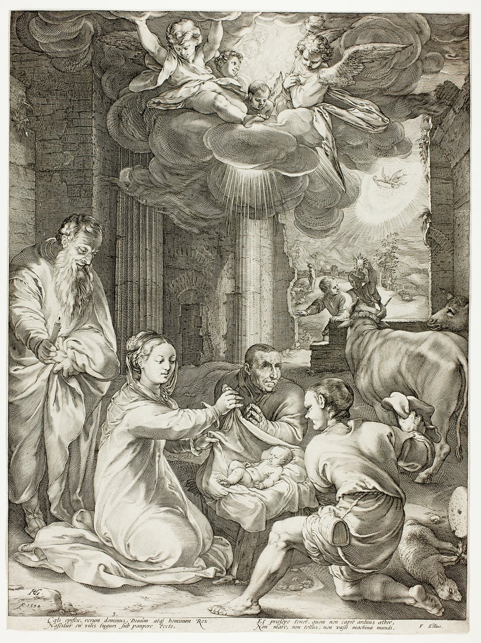 La adoración de los pastores, lámina tres de El nacimiento y la vida temprana de Cristo de Hendrick Goltzius