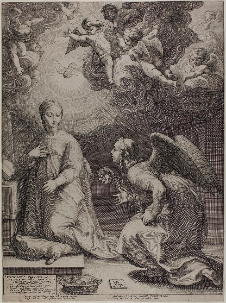 La Anunciación, placa uno de El nacimiento y la vida temprana de Cristo de Hendrick Goltzius