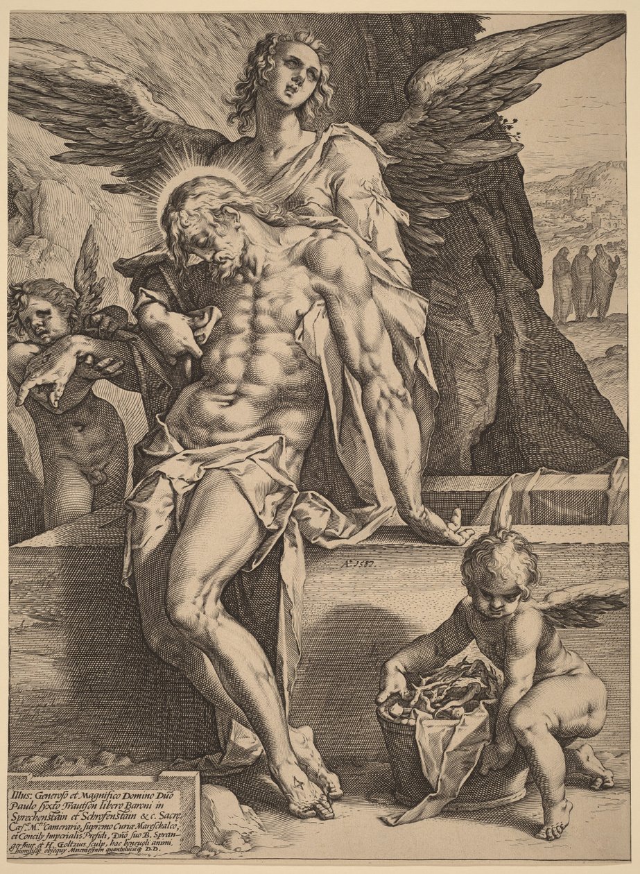 El cuerpo de Cristo sostenido por ángeles de Hendrick Goltzius