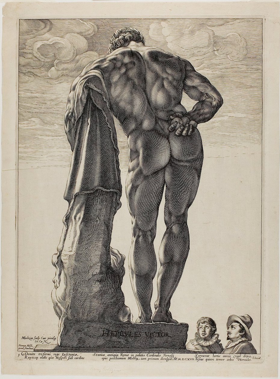 El Hércules Farnesio, lámina uno de Tres esculturas antiguas famosas de Hendrick Goltzius