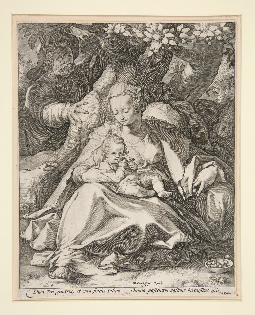 La Sagrada Familia bajo el cerezo/ Descanso en la huida a Egipto bajo un cerezo de Hendrick Goltzius