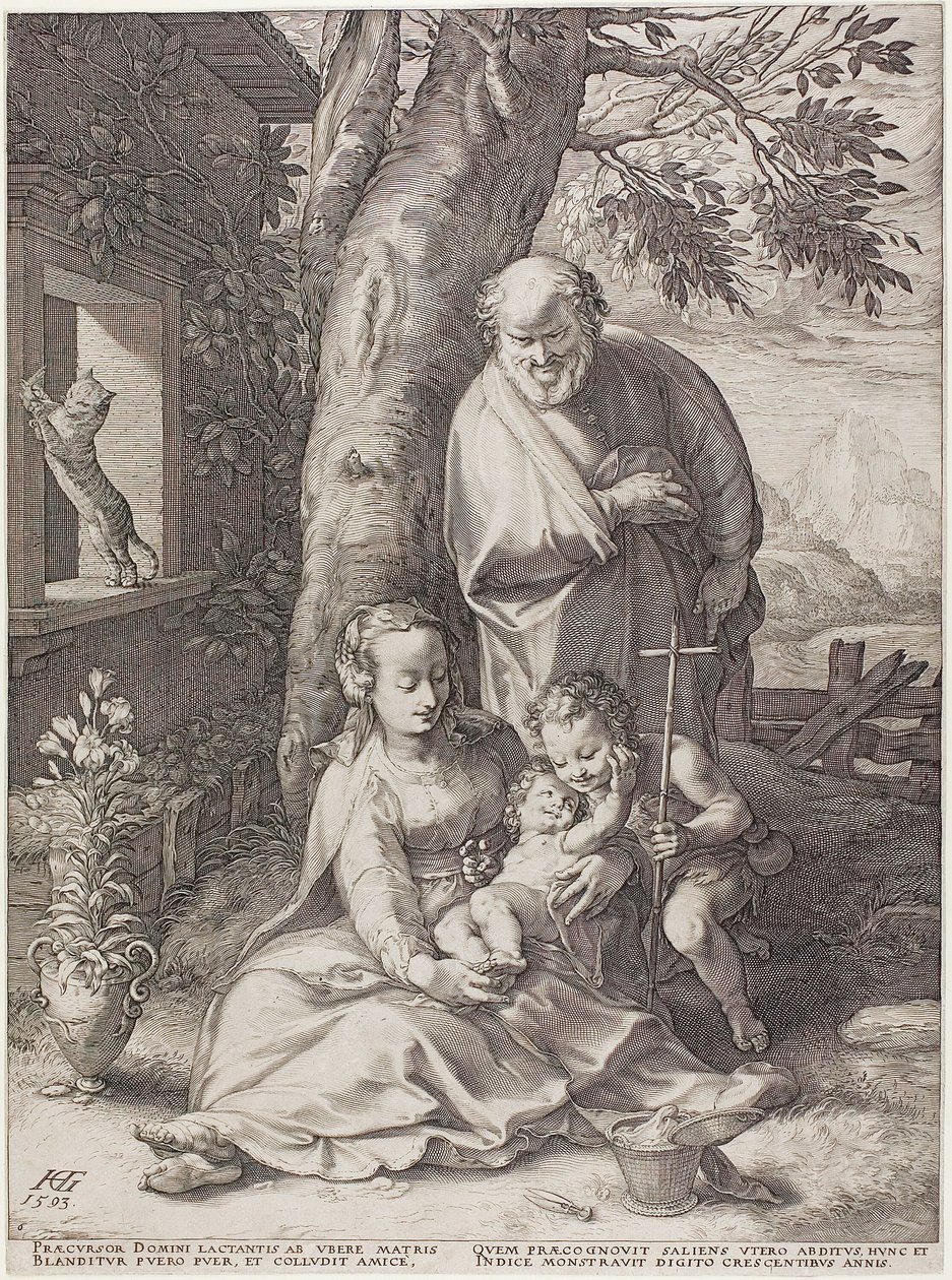 La Sagrada Familia con el niño Juan el Bautista, lámina seis de El nacimiento y la vida temprana de Cristo de Hendrick Goltzius