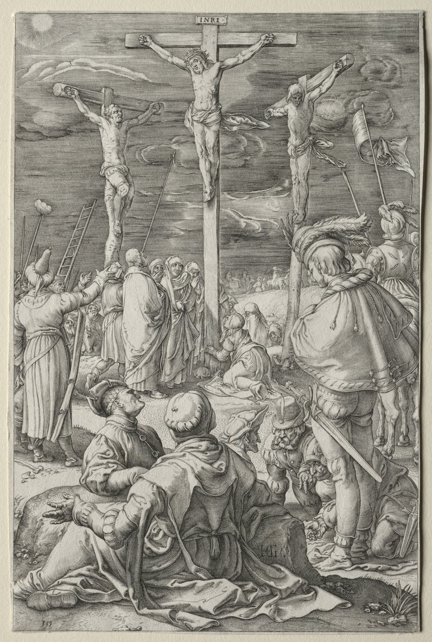 La Pasión: Cristo en la cruz entre los dos ladrones de Hendrick Goltzius