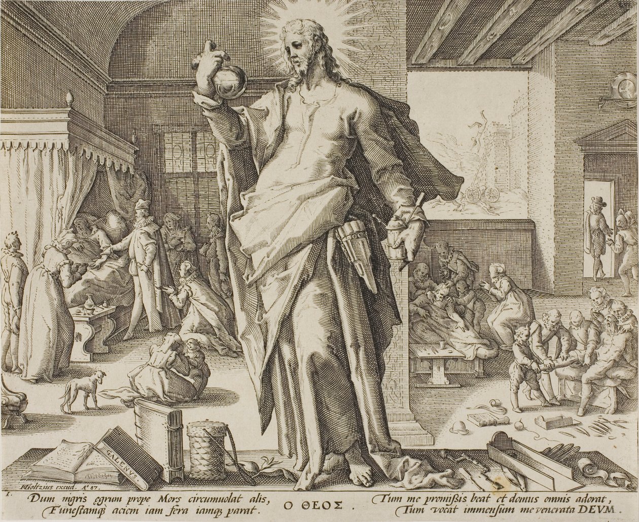 El Médico Considerado como Dios, placa uno de Alegorías de la Profesión Médica de Hendrick Goltzius