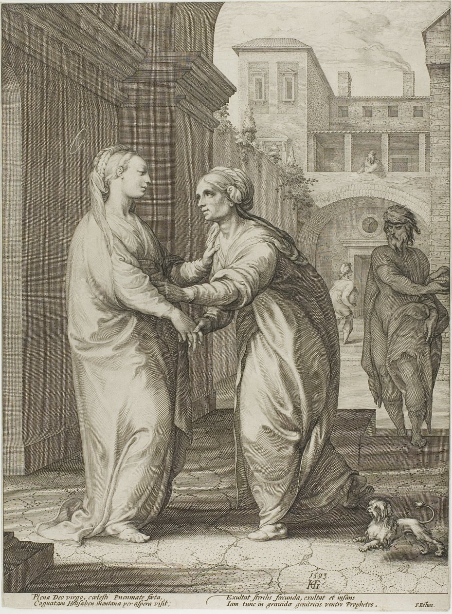 La Visitación, lámina dos de El nacimiento y los primeros años de la vida de Cristo de Hendrick Goltzius