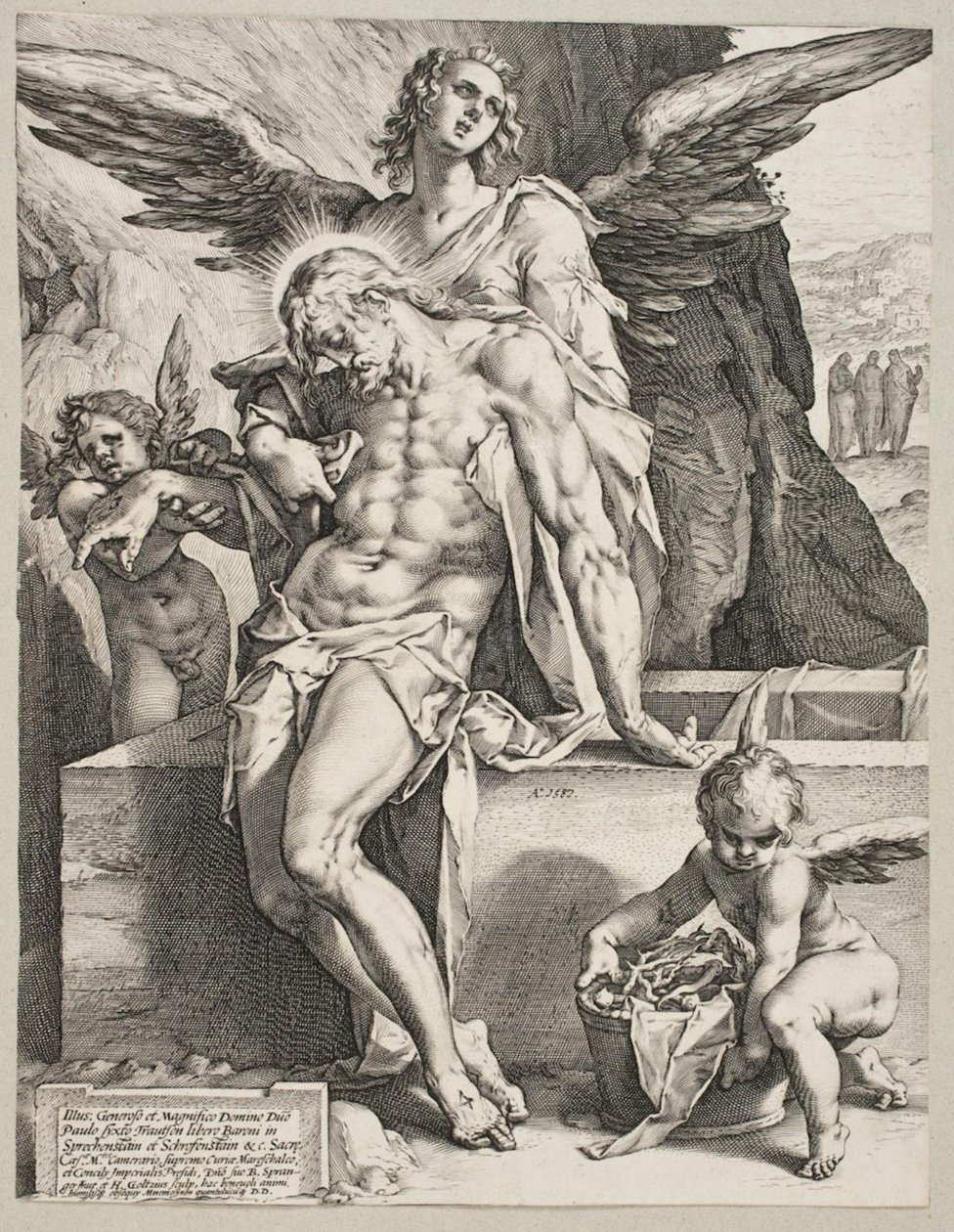 El cuerpo de Cristo sostenido por un ángel de Hendrick Goltzius