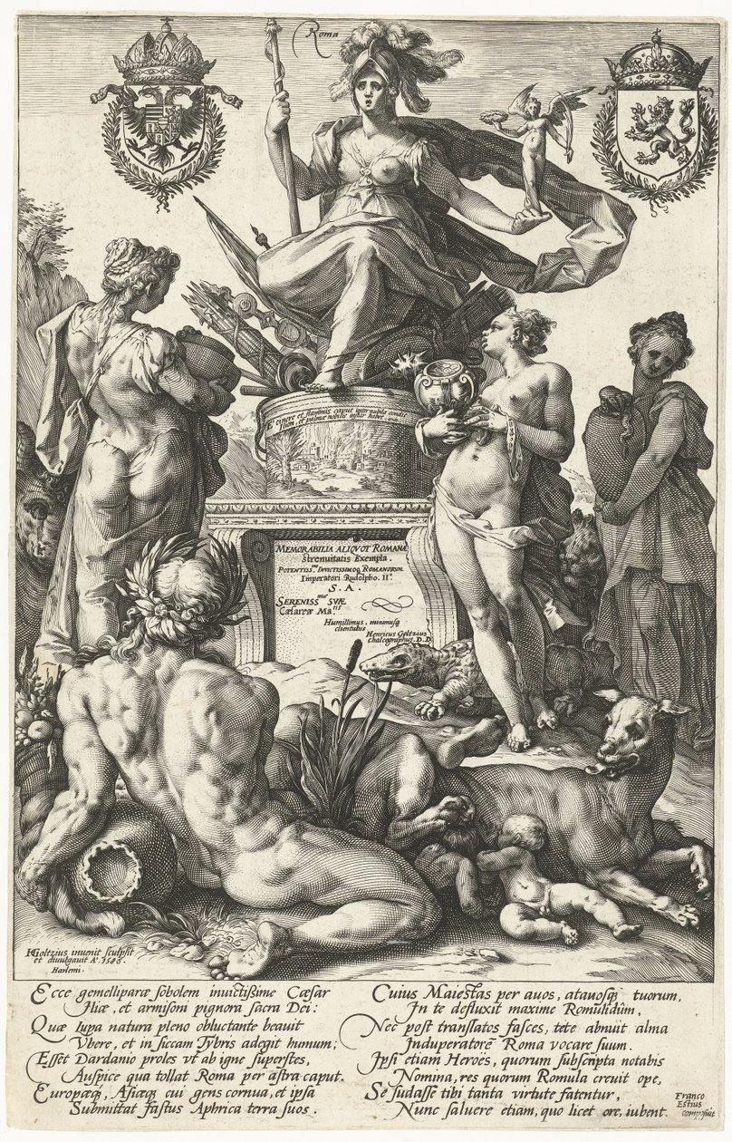 Impresión de título para la serie impresa Los héroes romanos Roma (título sobre objeto) Los héroes romanos (título de la serie) de Hendrick Goltzius