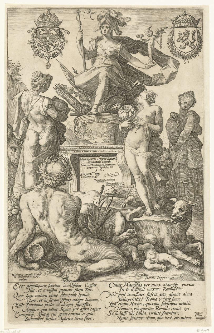Impresión de título para la serie impresa Los héroes romanos Roma (título sobre objeto) Los héroes romanos (título de la serie) de Hendrick Goltzius