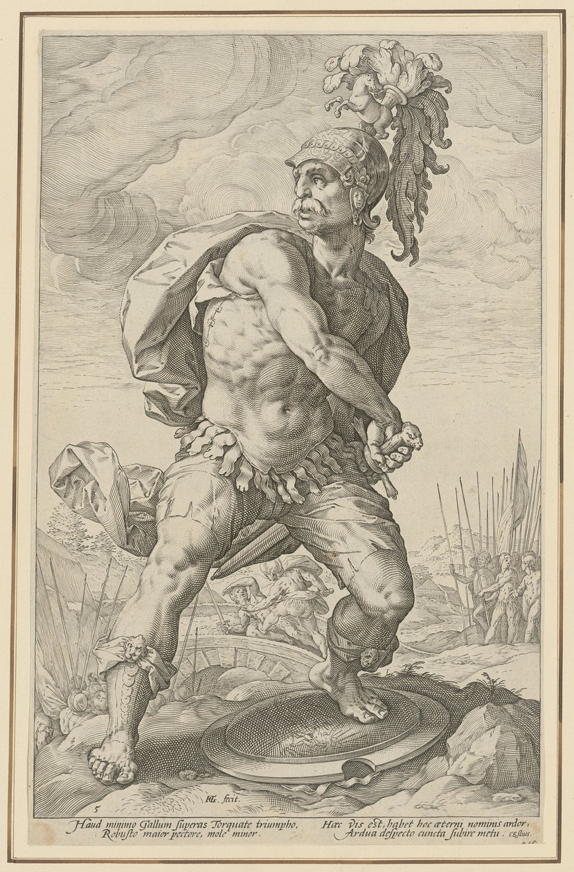 Tito Manlio Torcuato, lámina 5 de la serie «Héroes romanos» de Hendrick Goltzius