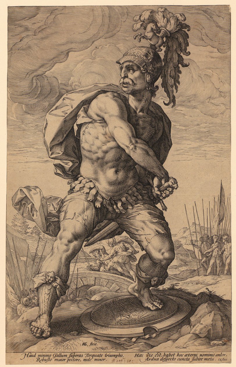 Tito Manlio Torcuato, lámina 5 de la serie «Héroes romanos» de Hendrick Goltzius