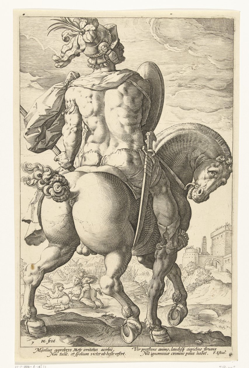 Tito Manlio a caballo Los héroes romanos (título de la serie) de Hendrick Goltzius