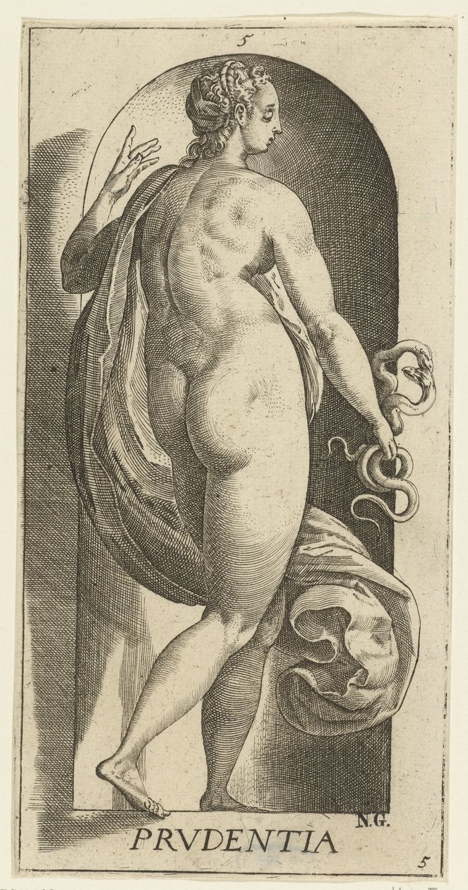 Precaución Prudentia (título sobre objeto) Las siete virtudes (título de la serie) de Hendrick Goltzius